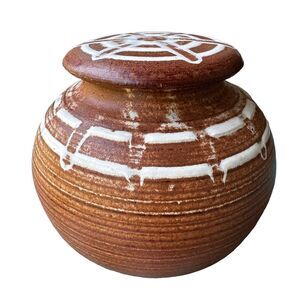 Studio‎ Art Pottery Jar Pot Lid Stoneware Brown White Geometric Design Signed 6"